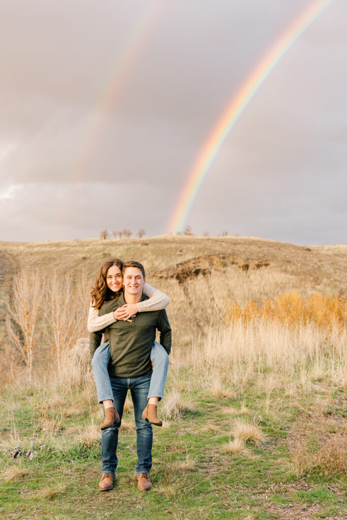 rainbow during fall boise engagement session